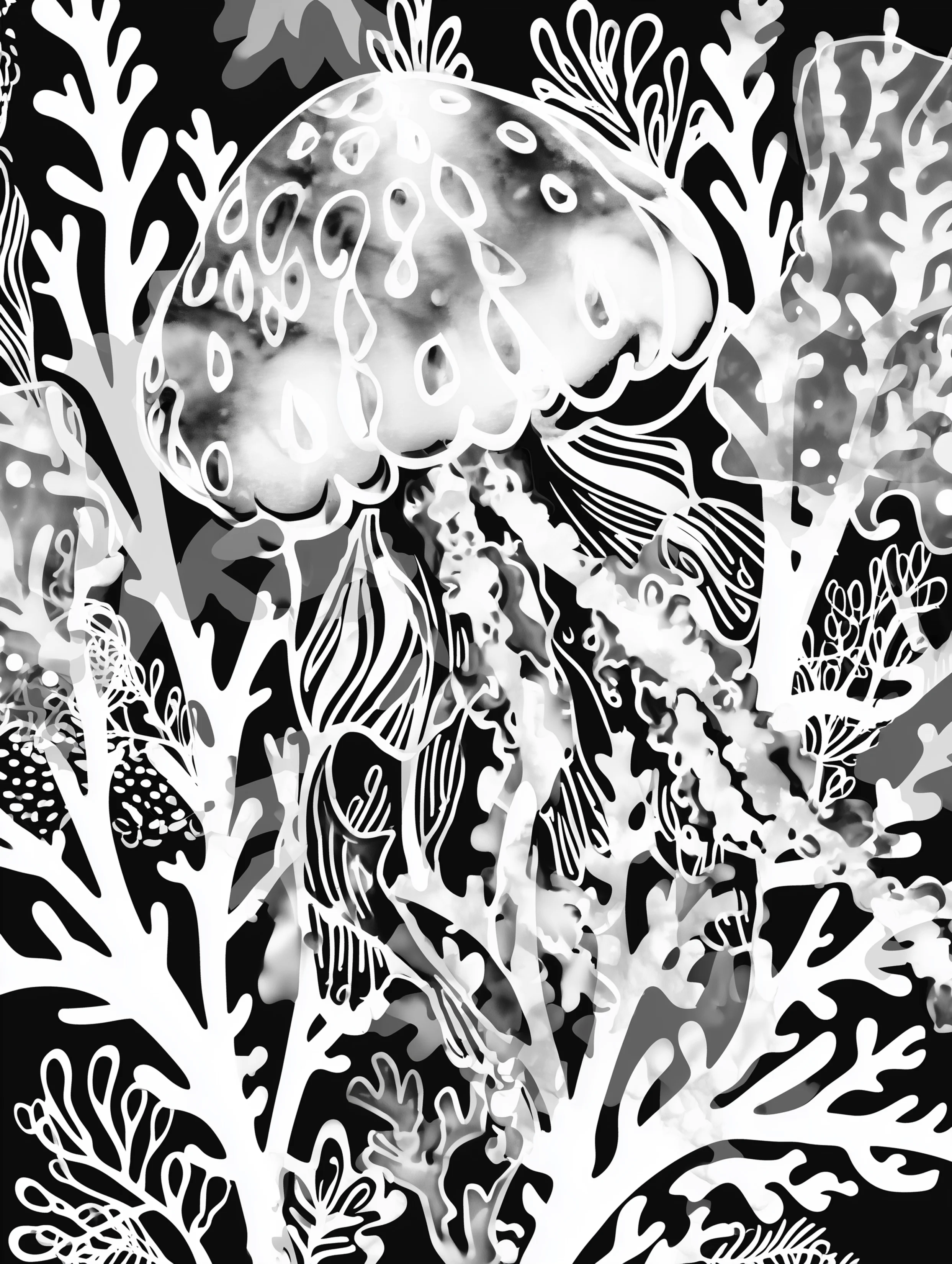Free printable underwater coloring page for adults featuring a jellyfish among seaweed
